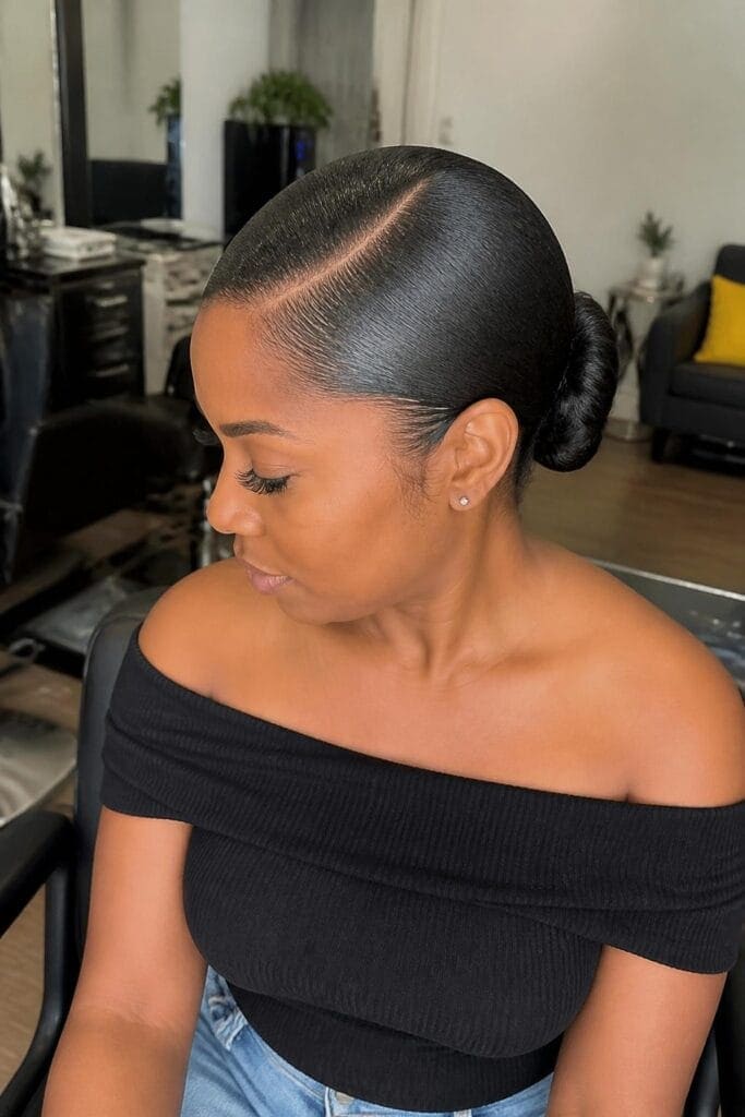 Low Sleek Bun with a Deep Side Part hairstyle