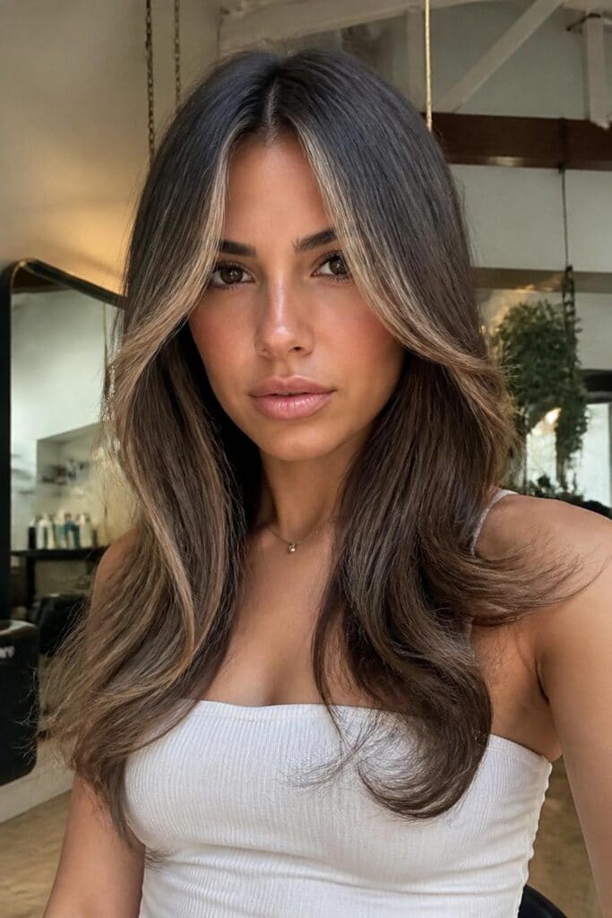 Long Layers with Curtain Bangs and Highlights hairstyle